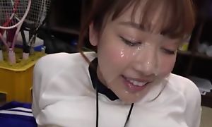 Sporty Japanese girl gets the brush whole face covered far creamy cum
